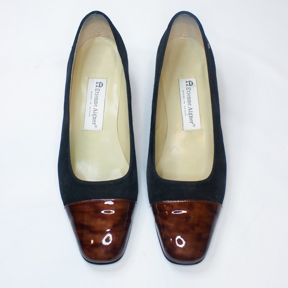 Vintage Etienne Aigner Black Suede Brown Tortoise Shell Block Heel 90s 8.5 Pumps - Picture 11 of 14